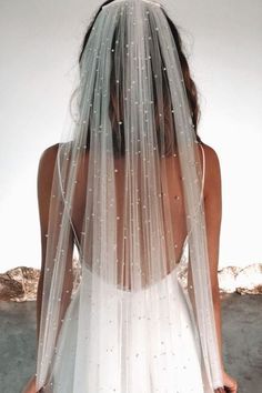 the back of a woman's wedding dress with white beaded veils on her head