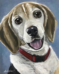 a painting of a brown and white dog with a red collar smiling at the camera