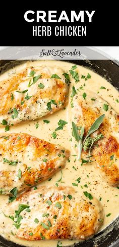 creamy herb chicken in a skillet topped with gravy