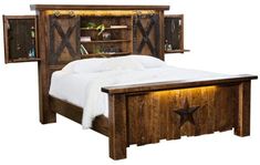 a bed with a wooden headboard and night stand