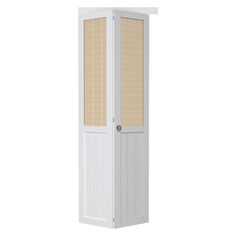 a tall white cabinet with wicker doors on the front and side panels, against a white background