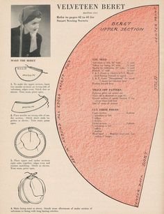 an advertisement for the velvet beret, with instructions on how to sew it