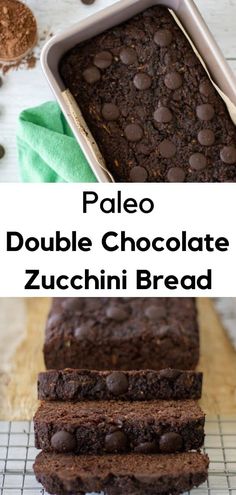 chocolate zucchini bread is cut into slices and placed on a cooling rack with the text paleo double chocolate zucchini bread