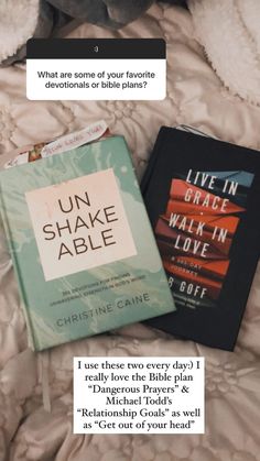 two books sitting on top of a bed next to each other with text above them