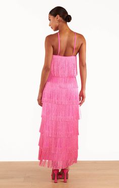 Gatsby Maxi Dress ~ Pink Fringe Elegant Party Dress, Elegant Party Dresses, Romper And Jacket, Bridal Party Dresses, Black Tie Wedding, Elegant Party, Pink Maxi Dress, Maxi Dress With Sleeves, Dress With Cardigan