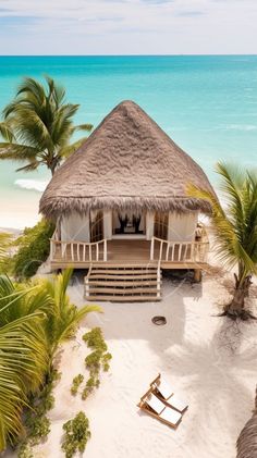 a hut on the beach surrounded by palm trees