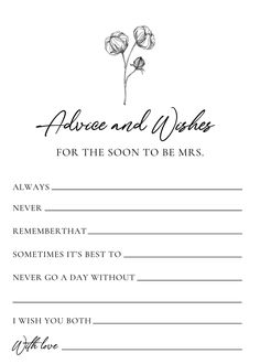 wedding advice card for the son to be mrs with two flowers on it, in black and white