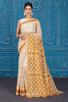 Shop cream Kota saree online in USA with Phulkari embroidery. Look your best on festive occasions in latest designer sarees, pure silk saris, Kanchipuram silk sarees, handwoven sarees, tussar silk sarees, embroidered saris from Pure Elegance Indian clothing store in USA.-full view Phulkari Embroidery, Tussar Silk Sarees, Indian Clothing Store, Kota Sarees, Tussar Silk Saree, Indian Clothing