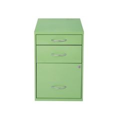 a green file cabinet with two drawers on each side and one drawer at the top