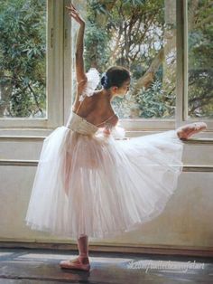 a painting of a young ballerina in front of a window