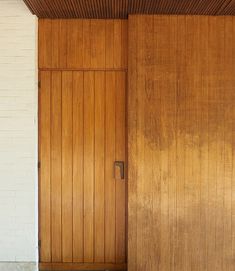 a cat sitting on the floor in front of a wooden door