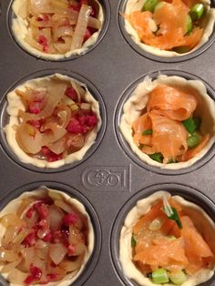 six muffin tins filled with different types of food