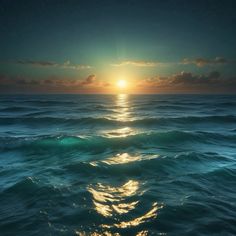 the sun is setting over the ocean with waves in front of it and stars on the sky