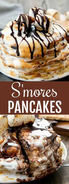 there is a stack of pancakes with chocolate drizzled on top and the words s'mores pancakes above it