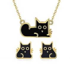 Step into the world of elegance and whimsy with the Black Cat Earrings and Necklace Set, a charming offering from the Ginger Lyne Collection. This set is a tribute to the sleek beauty of black cats, crafted with meticulous detail in 14KT gold over sterling silver and adorned with striking black enamel. The pendant, measuring 12mm, dangles gracefully from an 18-inch rolo chain, while the matching earrings, at 11mm, are a subtle yet enchanting addition to any outfit. Weighing a comfortable 3g for Black Cat Necklace, Kitty Necklace, Black Cat Earrings, Birthday Cat, Cat Pendant Necklace, Black Kitty, Cute Black Cats, Cat Memorial, Cat Pendants