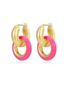 These luxe hoops feature a metal-ridged design with an attached hot pink enameled loop. Bold and eye-catching, they add a vibrant pop of color to any outfit. Perfect for making a statement. Pair of luxe metal-ridged hoops with a hot pink enameled loop attached Sold a pair for pierced ears Enamel hoop is removable Outside Diameter: 0.85" (21.3 mm) Each hoop weighs 6 grams (considered medium weight) Made from plated brass Plated in Gold Earrings are 100% nickel-free and cadmium-free Pink Gold Jewelry, Preppy Jewelry, Tattoo Women, Luv Aj, Jewelry Accessories Ideas, Crafts Jewelry, Jewelry Essentials, Accessories Ideas, Jewelry Lookbook