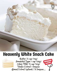 a piece of heavenly white snack cake on a plate with the words, heavenly white snack cake