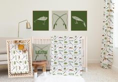 a baby's room decorated in green and white with pictures on the wall, crib