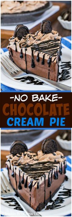 no bake chocolate ice cream pie with oreo cookies on the top and bottom