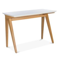 a wooden table with a white top and two legs on the bottom, against a white background