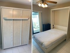 before and after shots of a bedroom with white walls, cabinets and a ceiling fan