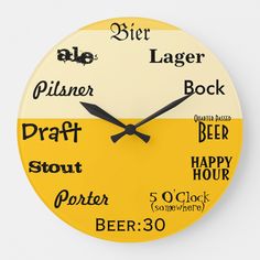 a yellow and white clock with different types of beer on the front, back and sides