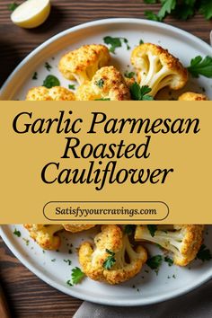 garlic parmesan roasted cauliflower on a white plate