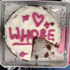 a cake that has been cut in half with the word'i love where'written on it