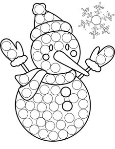 a snowman coloring page with circles and dots on the bottom, in black and white