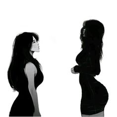 two women standing next to each other with their backs turned towards one another and facing the opposite direction