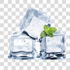 three ice cubes with mint leaves on the top and one has water droplets in it