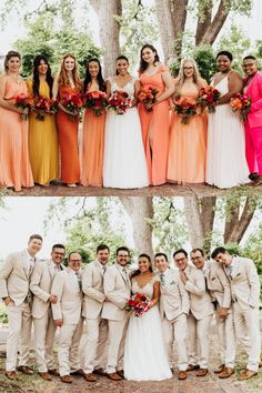 the bride and groomsmid are posing for pictures with their wedding party in front of a tree