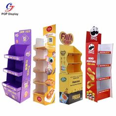 three different types of cardboard display stands with lids and bottom shelf for snacks, chips or donuts