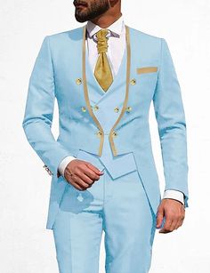 Costumes de bal pour hommes bleu clair noir crème costumes de fête de mariage couleur unie 3 pièces coupe ajustée double boutonnage six boutons 2024 de 2024 ? $124.99 Gothic Suit, Paisley Wedding, Blue Suit Men, Dress Suits For Men, Black Sky