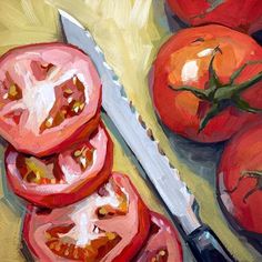 an oil painting of tomatoes and a knife on a cutting board next to each other