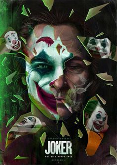 the joker movie poster is shown with many clowns and faces on it's face