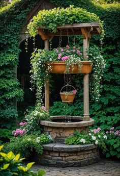 an outdoor fountain with potted plants and flowers on it, surrounded by greenery