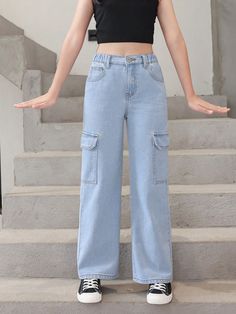 Cheap High-waisted Cargo Jeans For Summer, Teen Cargo Jeans, Cute Cotton Jeans With Pockets, Trendy Cotton Jeans For School, Casual Jeans For School In Spring, Medium Wash School Bottoms With Pockets, Jeans For Teenage Girl, Trendy School Jeans With Pockets, Trendy Denim Jeans For School