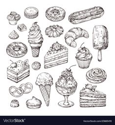 hand drawn desserts and pastries on white background