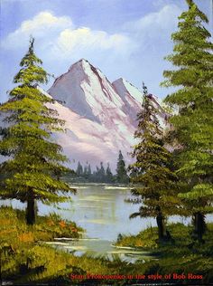 a painting of a mountain with trees in the foreground and water on the far side