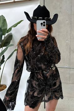 Amber Nights Black Beaded Mini Dress Sequin Dress With Cowgirl Boots, Sequin Western Dress, Black On Black Cowgirl Outfit, Rodeo Formal Wear, Nye Country Concert Outfit, Black Mini Dress With Sleeves, Upscale Cowgirl Outfit, Dress And Cowboy Boots Outfit Wedding Guest, Cowgirl Nye Outfit