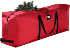 a large red bag with a small tree in it