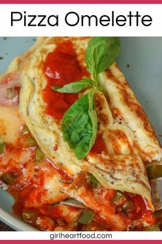 pizza omelette with basil leaves on top in a white bowl and text overlay