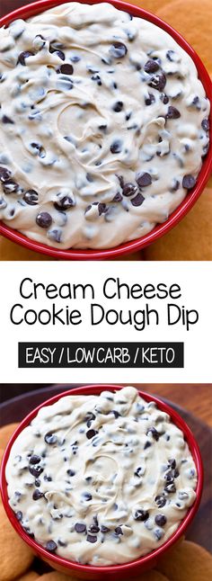 cream cheese cookie dough dip in a red bowl