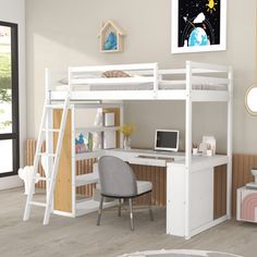 a white loft bed with desk and chair in the corner next to a large window