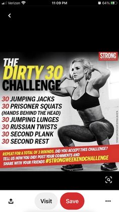 the dirty 30 challenge poster with a woman doing squats and holding her arms in the air