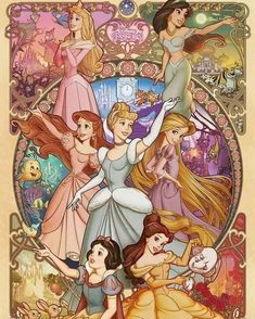 the disney princesses are all dressed up in their dresses