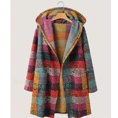 Colorful Brushed Fabric Checkered Plaid Pockets Hoodie Jacket Coat S M L Xl, 100% Polyester, This Is A More Thin Lighter Weight Material, Ships In 7-8 Days Rainbow Plaid, Warm Cardigan, Winter Vest, Long Sleeve Outerwear, Winter Cardigan, Wool Peacoat, Vestidos Vintage, Hooded Cardigan, Woolen Coat