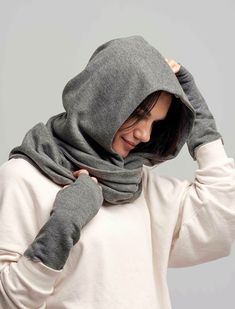 + Fingerless Gloves GIFT Natural cotton Gray Large Wrap Scarf Hood. Two layer of fine cotton. Gray Hood Cowl Scarf is alternative to a hat. Material - 100% cotton. Size: One size fits all. Easy to wear, protects your neck, head and shoulders against sun and cold. It is made from fine, soft and natural jersey. Elegant and sportive: great for for daily comfort. It's a great choice if you love natural products. Perfect as a gift! Produce time is about 1-5 days. If you have any questions, please con Scarf Hood, Cowl Hood, Tunic Sewing Patterns, Mid Calf Skirt, Hooded Scarf, Wool Wrap, Cowl Scarf, Black Short Dress, Wrap Scarf