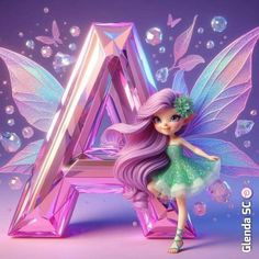 a pink and green fairy standing next to the letter a